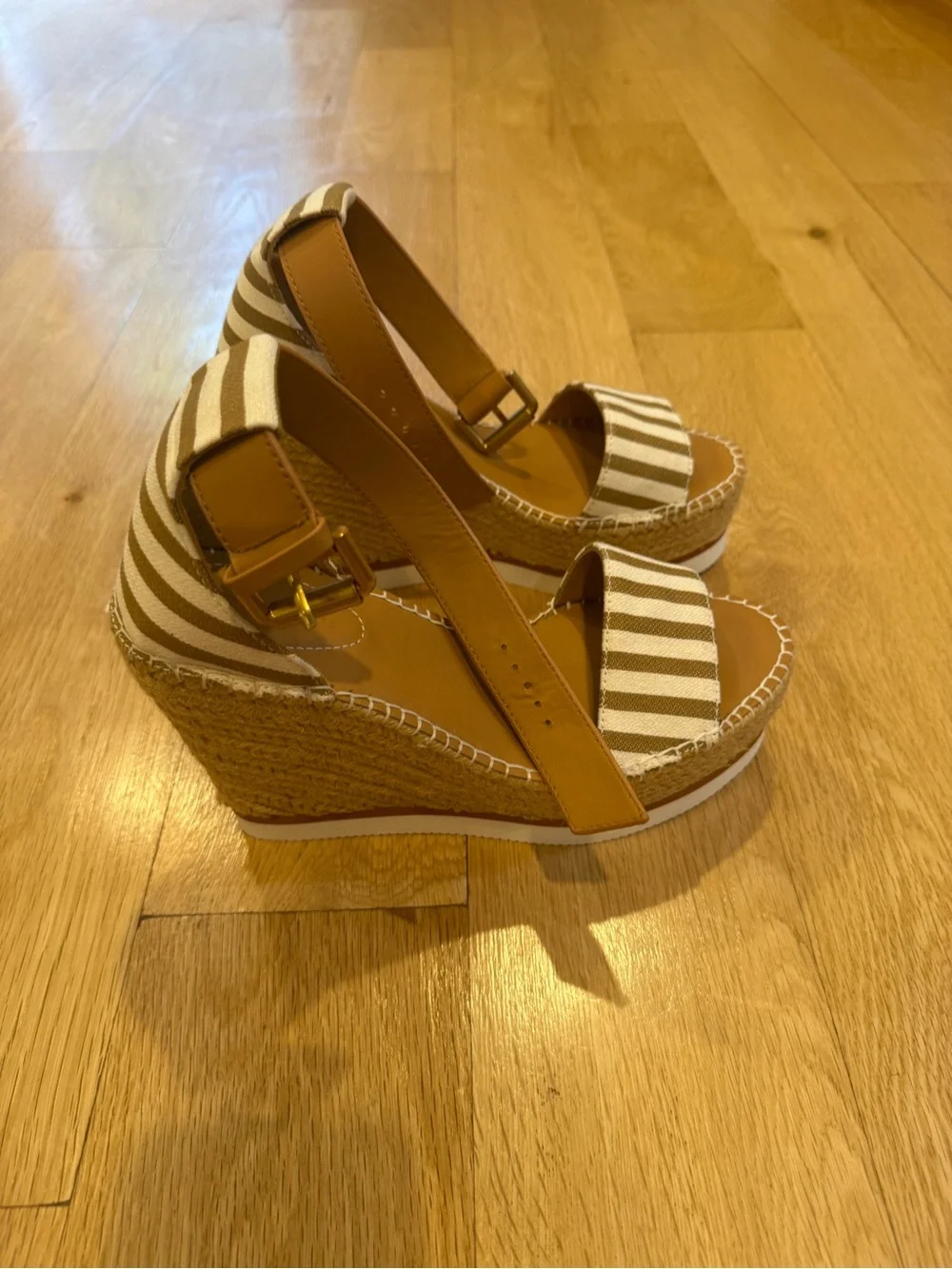 See By Chloe Tan Leather & White Striped Espadrille Wedge Sandals